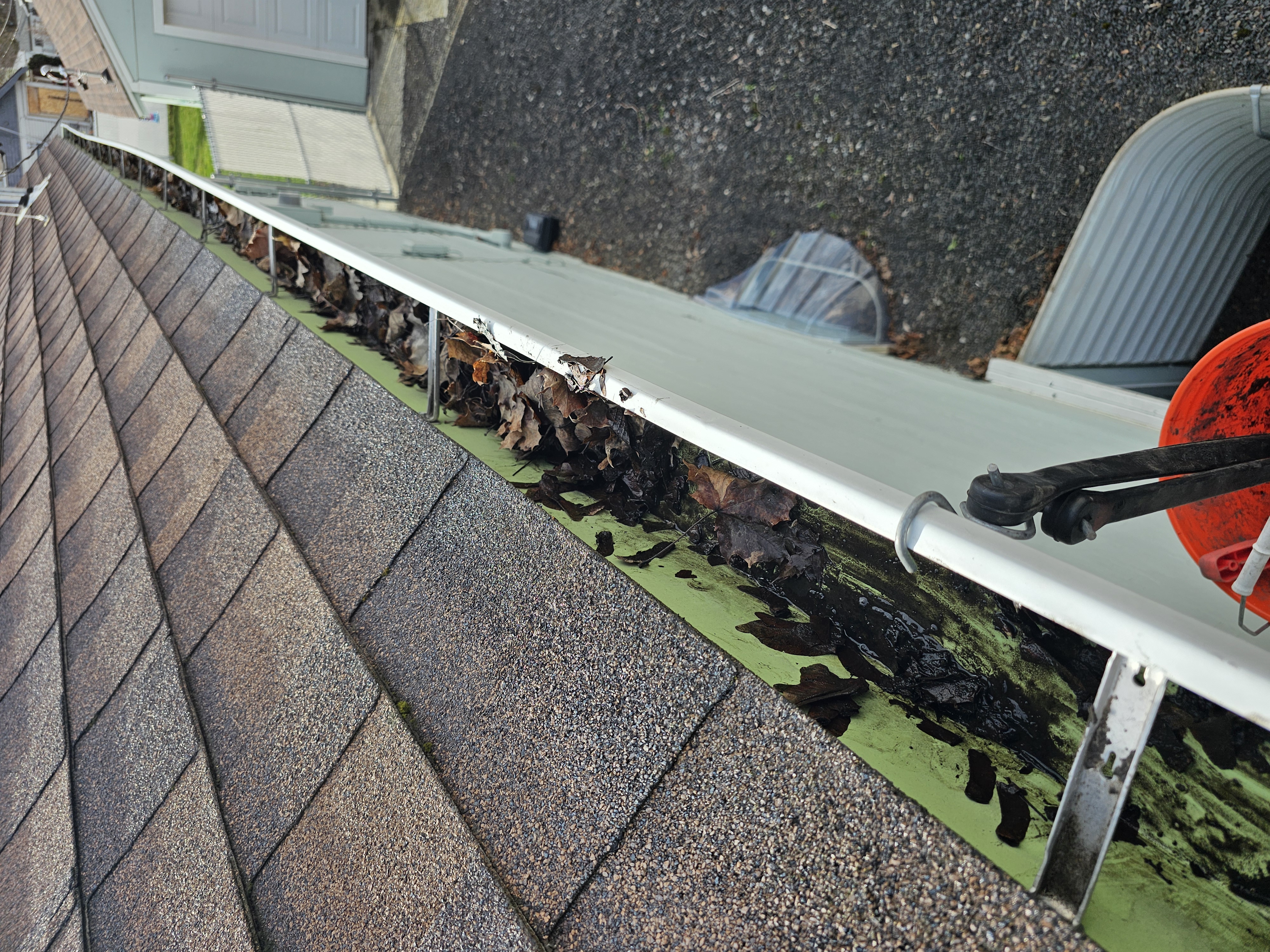 Before: Clogged gutter with debris